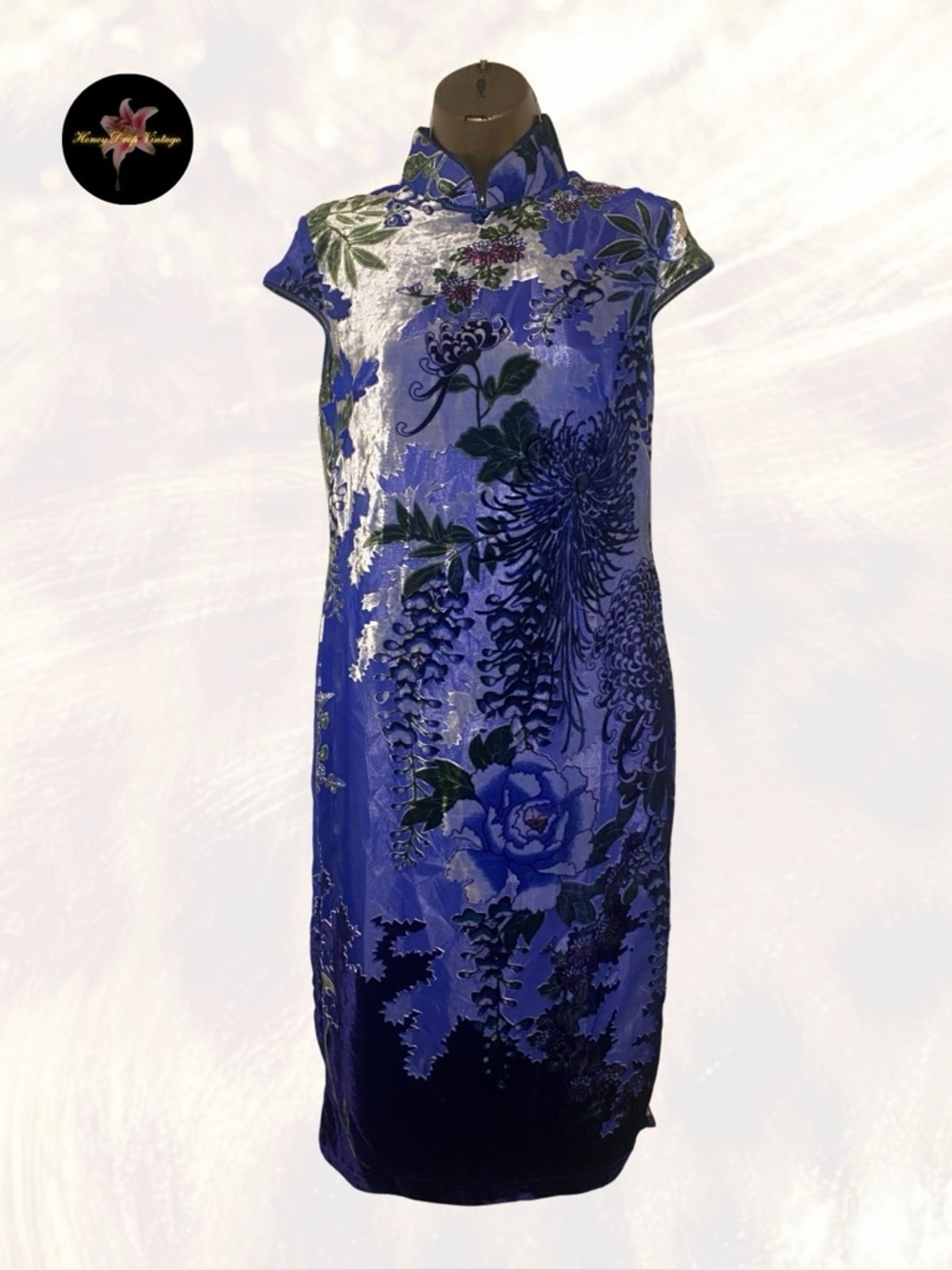 Blue Floral Cheongsam Midi Dress
